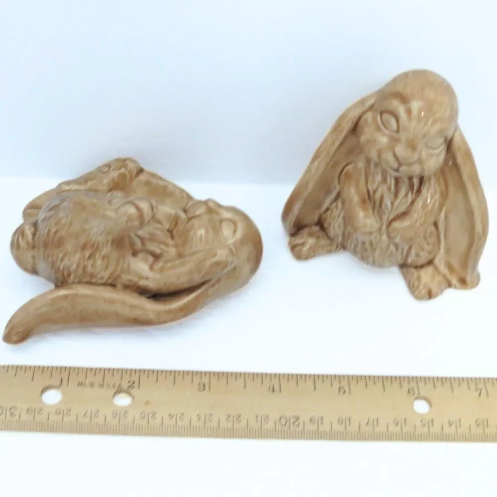 Handmade Ceramic Bunny Figurines Tan Glossy Finish Set of 2